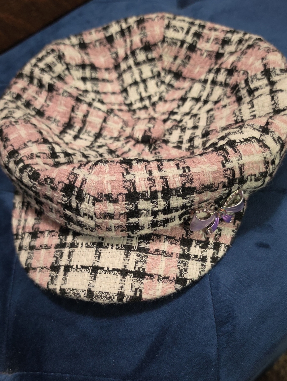 Pink and Black Tweed Baker Boy Cap with Purple Bow Accent